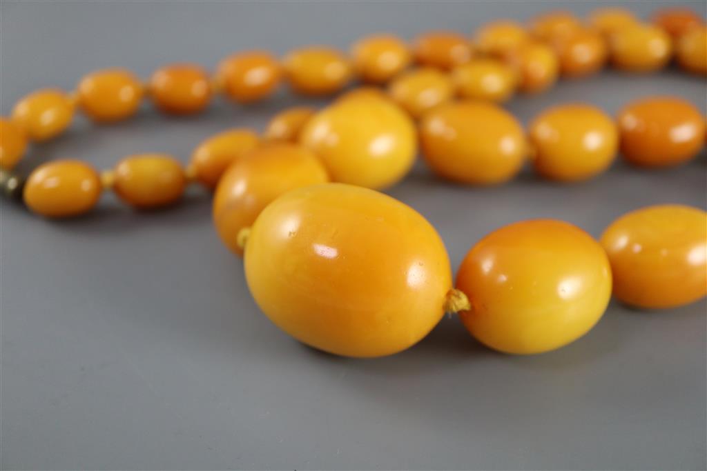 A single strand graduated oval amber bead necklace, 86cm, gross weight 112 grams,